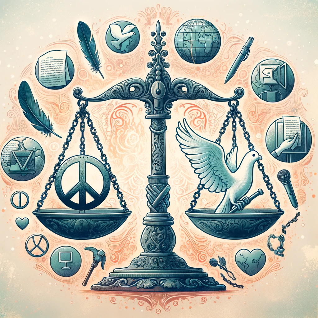An illustration depicting a balanced scale with a dove on one side, symbolizing peace, and a broken chain on the other, representing freedom from violence. Surrounding the scale are symbols of political ideologies and human rights, including a peace sign, a feather pen, and a heart, set against a background of soft, ethereal colors. The composition evokes themes from Harari's critiques on left-wing indifference.