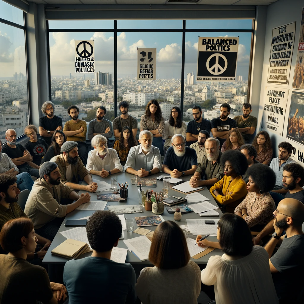 A photo of a diverse group of Israeli progressives engaged in a serious discussion inside a meeting room, with posters advocating for peace on the walls and a cityscape visible through a large window.