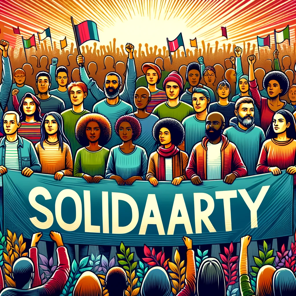 A diverse group of men, women, and non-binary individuals of various ethnicities standing shoulder to shoulder, holding a long banner that reads 'Solidarity'. The background is filled with vibrant colors. Extreme Moral Insensitivity Displayed